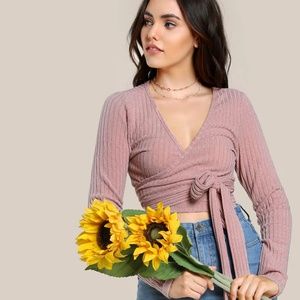 Rib Knit Surplice Wrap Crop Knit in Mauve
